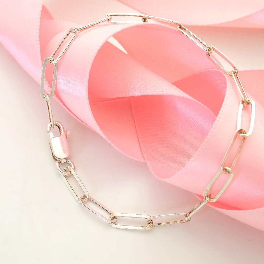 925 Silver Vintage Flat Paperclip Bracelet 6.5 Inch, Lobster Clasp, Adjustable